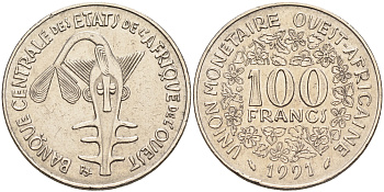 Валютное сообщество стран Западной Африки 100 франков 1991  KM 4 никель    4595-816