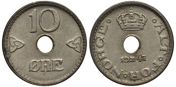 Норвегия 10 эре 1947 Хокон VII (1905-1957) KM 383 медно-никель 4549-954