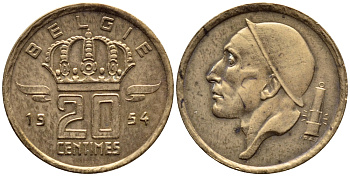 БЕЛЬГИЯ 20 САНТИМОВ 1954 BELGIE KM 147.1 бронза 4392-848