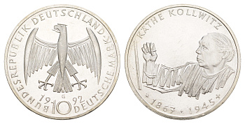 ФРГ 10 марок 1992 G, 125 лет со дня рождения Кете Кольвиц KM 178 серебро UNC 4634-1015