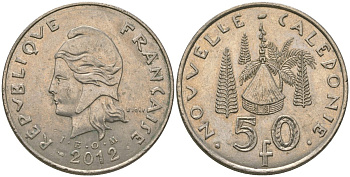 Французская Новая Каледония 50 франков 2012 хижина среди сосен и пальм, (IEOM) KM 13a, Schoen 15a, Lec 128i медно-никель 115-1135