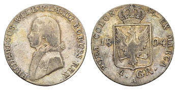 Пруссия 4 гроша 1804 A, Фридрих Вильгельм III (1797-1840) KM 370 серебро 1523-414