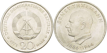 ГДР 20 марок 1971 A, 85 лет со дня рождения Эрнста Тельмана KM 34, J. 1535 медно-никель 4521-425