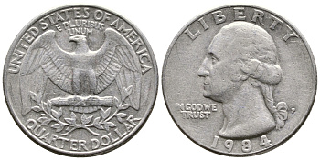 США 25 центов (квотер) 1984 P, Вашингтон KM А164а медь плакированная медно-никелем 23-133