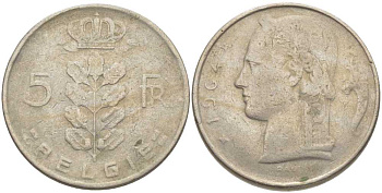 БЕЛЬГИЯ 5 ФРАНКОВ 1964 BELGIE, БОДУЭН I (1951-1993) KM 135.1 медно-никель 119-751