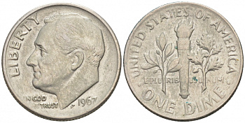 США 10 центов (дайм) 1967 Рузвельт KM 195a медь плакированнаяч медно-никелем 73-161