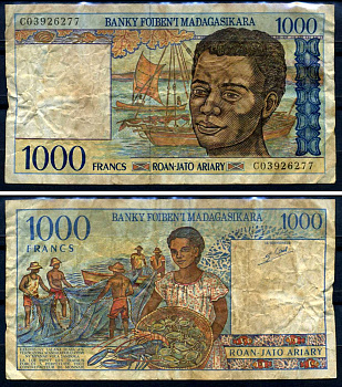 Мадагаскар 1000 франков = 200 ариари 1994 рыбаки Pick 76 b бумага 00-00