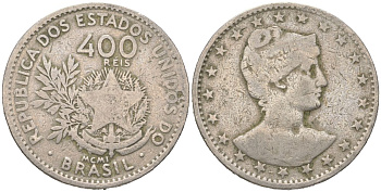 Бразилия 400 реалов 1901 MCMI, голова свободы вправо KM 505 медно-никель 4612-446