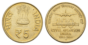 Индия 5 рупий 2011 100 лет гражданской авиации KM 397 никель латунь UNC 4119-945