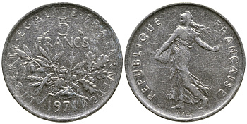 Франция 5 франков 1971 сеятель KM 926a.1, Le Franc 341.3 медно-никель плакированный никелем 51-4633