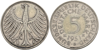 ФРГ 5 марок 1951 D, KM 112.1, J.387 серебро 4565-116