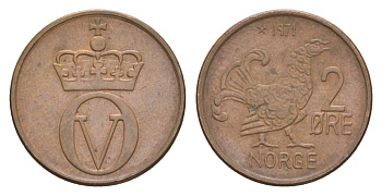 Норвегия 2 эре 1971 Улаф V (1957-1991) KM 410 бронза UNC 4635-347