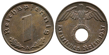 Германия 1 рейхспфенниг 1937 A KM 89, J. 361 бронза    220-226