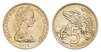 Новая Зеландия 5 центов 1974 Елизавета II (1952-2022), ящерица гаттерия KM 34 медно-никель UNC 4651-169