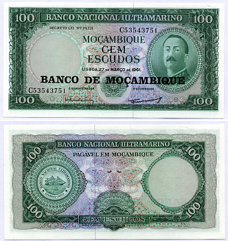 Мозамбик 100 эскудо 1961 (1976) надпечатка на 1961, Айрес де Орнелас  Pick 117 a бумага UNC (пресс) 6299-11-1-2