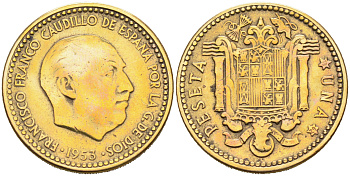 ИСПАНИЯ 1 ПЕСЕТА 1953 (62) ФРАНСИСКО ФРАНКО ДИКТАТОР ИСПАНИИ (1939-1975) KM 775 алюминиевая бронза 4589-522