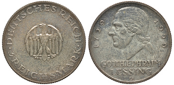 Германия 3 марки 1929 G, 200 лет со дня рождения Лессинга J. 335 серебро 02-119-34