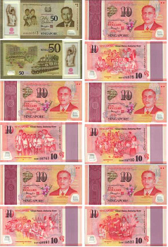 Сингапур набор из 6 банкнот 2015 50 лет независимости Сингапура, 5 штук по 10 долларов и 50 долларов Pick 56, 57, 58, 59, 60, 61 пластик UNC (пресс) 451-59-1