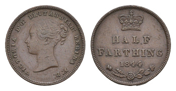 Великобритания 1/2 фартинг 1844 Виктория (1837-1901) KM 738, Spink 3951 бронза 1520-1125