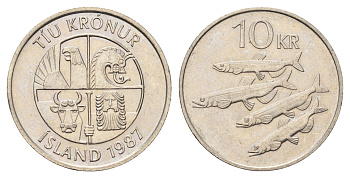Исландия 10 крон 1987 рыбы KM 29.1 медно-никель 4691-235