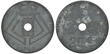 Бельгия 25 сантимов 1942 Belgie-Belgique KM 132 цинк 4163-632