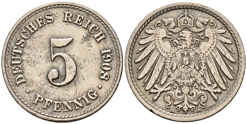Германия 5 пфеннигов 1908 G KM 11, Jager 12, Weege 6 медно-никель 4151-512