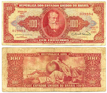 БРАЗИЛИЯ 100 КРУЗЕЙРО 1963 ВЫПУСК 2А, СЕРИЯ 239а Pick 180 бумага 7523-36-2