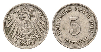 Германия 5 пфеннигов 1911 G, Вильгельм II (1888-1918) KM 11, J. 12 медно-никель 4636-238