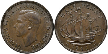 Великобритания 1/2 пенни 1941 Георг VI (1936-1952) KM 844, Spink 4115 бронза 4171-642