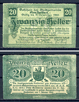Амштеттен (Австрия) 20 геллеров 1920 бумага UNC (пресс) 7556-35-1-1