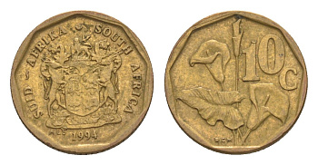 ЮАР 10 центов 1994 герб, цветок алоэ KM 135 сталь плакированная бронзой 4596-211