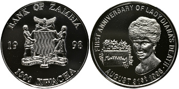 Замбия 1000 квача 1998 годовщина гибели леди Дианы, 31 августа 1998 KM 180 медно-никель PROOF 11-236-25