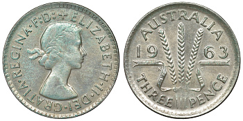 Австралия 3 пенса 1963 m, Елизавета II (1952-2022) KM 57 серебро 71-857