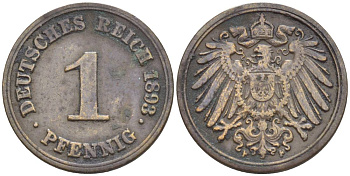ГЕРМАНИЯ 1 ПФЕННИГ 1893 F KM 10, Jager. 10, Weege 2 медь 4528-1128