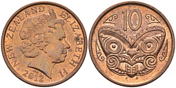 Новая Зеландия 10 центов 2012 маска Маори, Елизавета II (1952-) KM 117а сталь плакированная медью 68-1211