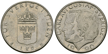 Швеция 1 крона 1990 Карл XVI Густав (1973- ) KM 852a медь плакированная медно-никелем 4176-613