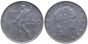 Италия 50 лир 1956 R, бог огня Вулкан у наковальни KM 95.1 нержавеющая сталь 4383-1032