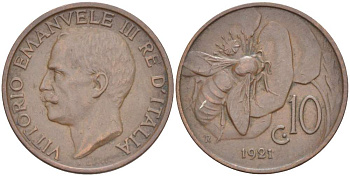 ИТАЛИЯ 10 ЧЕНТЕЗИМО 1921 R, МОНДВОР РИМ, ВИКТОР ЭММАНУИЛ III (1900-1946) KM 60 медь 4525-231