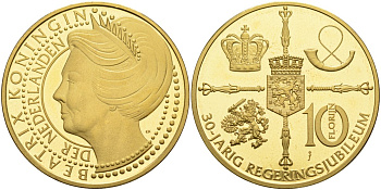 Нидерланды медаль, 10 флоринов 2010 30 лет правления королевы Беатрикс, диаметр 35 мм., позолота бронза PROOFLIKE 4558-935