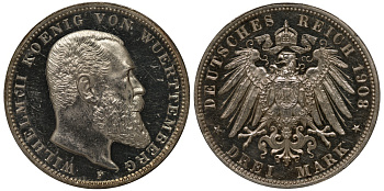 Вюртемберг 3 марки 1908 F, Вильгельм II (1891-1918) Weege 171, J.175, KM 635 серебро PROOF 00-816-53