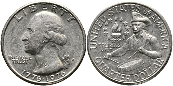 США 25 центов = квотер 1976 D, 200 лет независимости (1776-1976), Вашингтон, барабанщик KM 204 медь плакированная медно-никелем 3336-653
