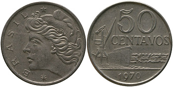 Бразилия 50 сентаво 1970 голова свободы влево KM 580a, Schon 85a медно-никель 4577-823