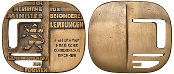 ФРГ плакетка  ND за особые заслуги, от министерства лесного и сельского хозяйства Гессена, 8 общая выставка кроликов, размер 80 Х 93 мм.  бронза    8-1-07-12