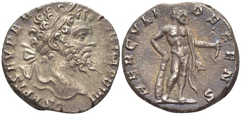 Римская Империя денарий 196 - 197 Септимий Север, L SEPT SEV PERT AVG IMP VIIII, бюст императора / HERCVLI DEFENS, Геракл, Рим, 2,98 гр RIC 97 серебро 1073-18-81