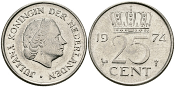 НИДЕРЛАНДЫ 25 ЦЕНТОВ 1974 ЮЛИАНА KM 183 никель 96-235
