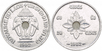 Лаос 20 центов 1952 король Сисаванг Вонг (1904-1959), слоны KM 5 алюминий 4545-431