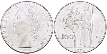 ИТАЛИЯ 100 ЛИР 1976 R, АФИНА, ДИАМЕТР 28 ММ. KM 96.1 нержавеющая сталь 4389-1043