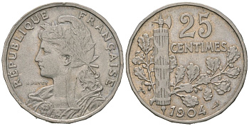 Франция 25 сантимов 1904 KM?856, Le Franc 169 никель 4584-1017