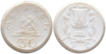 Майсен 30 пфеннигов 1921  Men05 16521.5, Men18 20725.5, Scheuch 168n фарфор  1085-10-12
