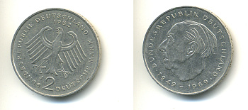 ФРГ 2 марки 1981 D, Теодор Хойс KM 127, J. 407 медно-никель плакированный никелем 83-1853